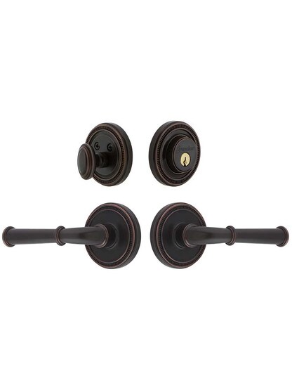 Grandeur Soleil Entry Door Set, Keyed Alike with Georgetown Levers Left Handed in Timeless Bronze.